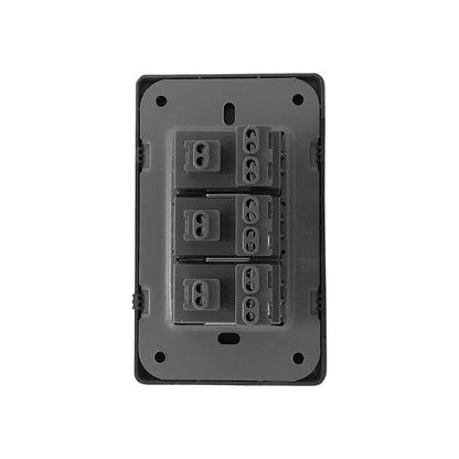 Placa eléctrica de 3 contactos gris oscuro, vista trasera mostrando terminales de 15A 125V para conexión.