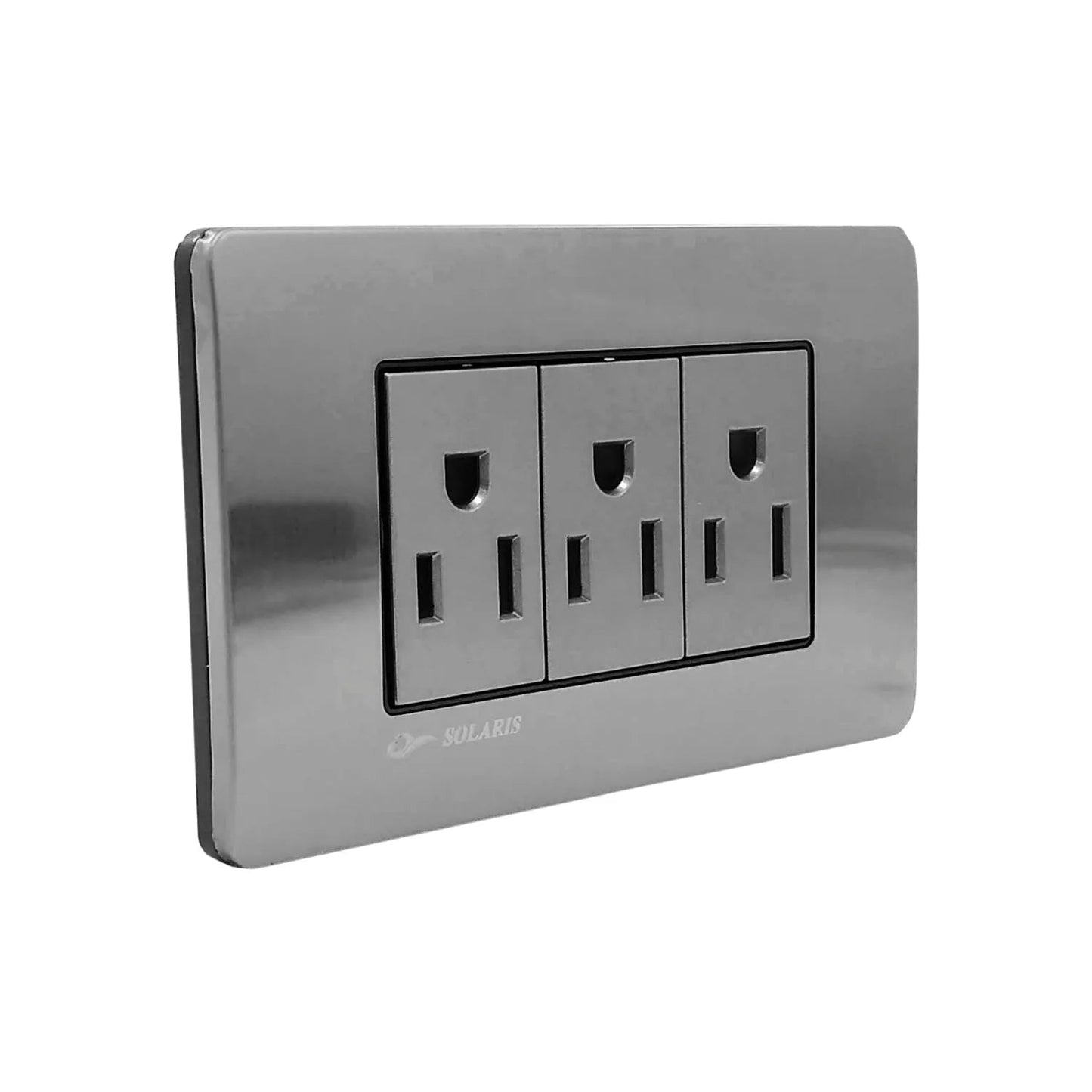 Placa de 3 contactos eléctricos, acabado gris cromo metálico, marca Solaris para pared