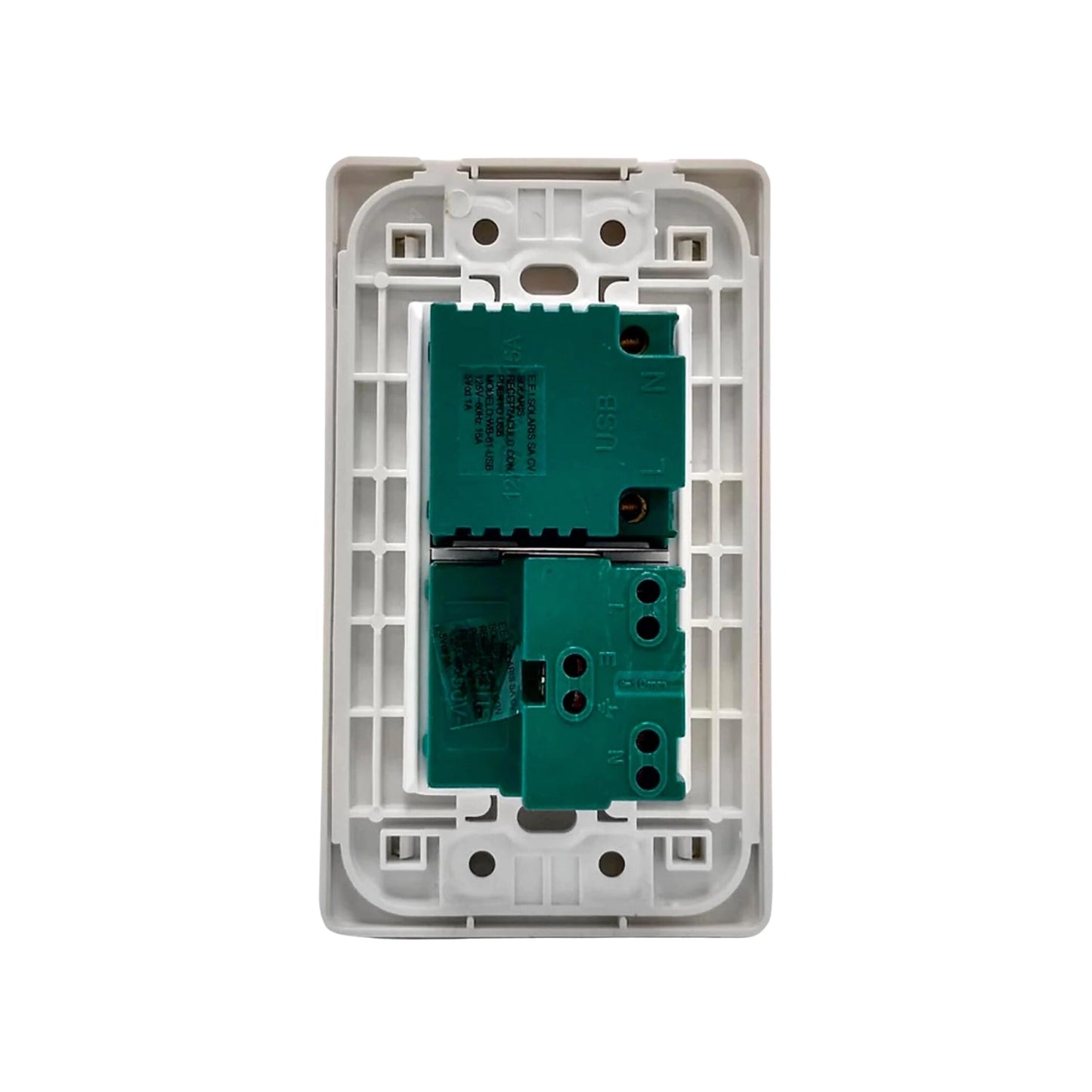 Placa blanca Solaris con 1 contacto de 15A y 1 puerto cargador USB 2.1A.