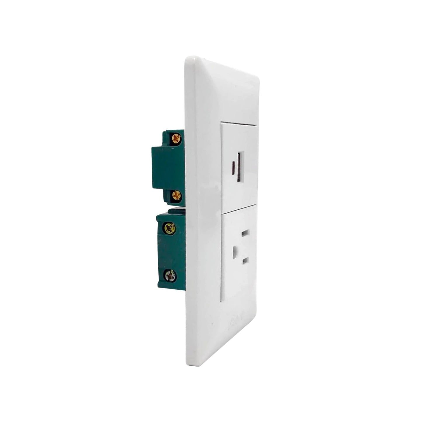 Placa eléctrica de pared blanca con 1 contacto y 1 puerto USB para carga de dispositivos, vista lateral.