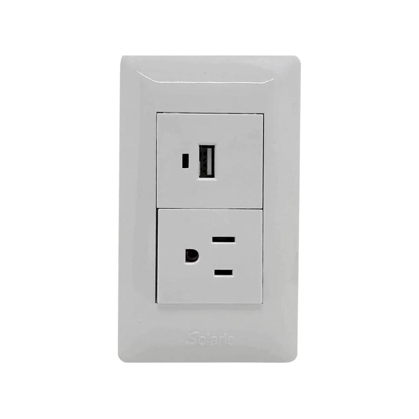 Placa de pared blanca Solaris con 1 contacto de corriente NEMA y 1 puerto USB-A para carga.