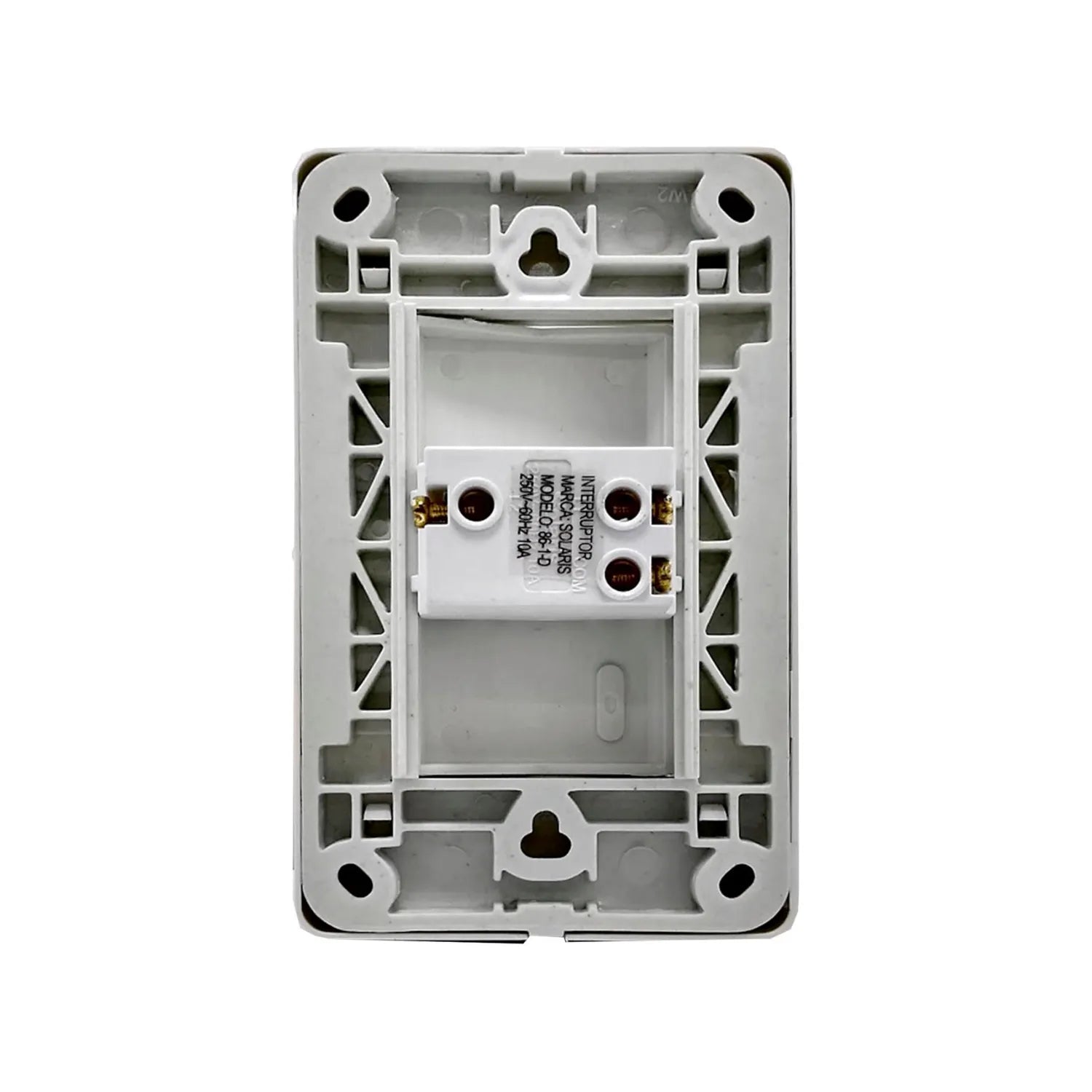 Módulo interruptor de escalera Solaris blanco 250V 10A, vista trasera para instalación eléctrica.
