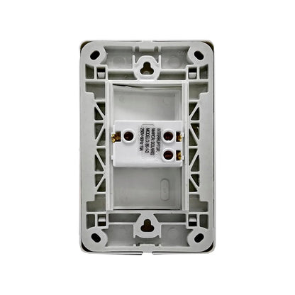 Módulo interruptor de escalera Solaris blanco 250V 10A, vista trasera para instalación eléctrica.