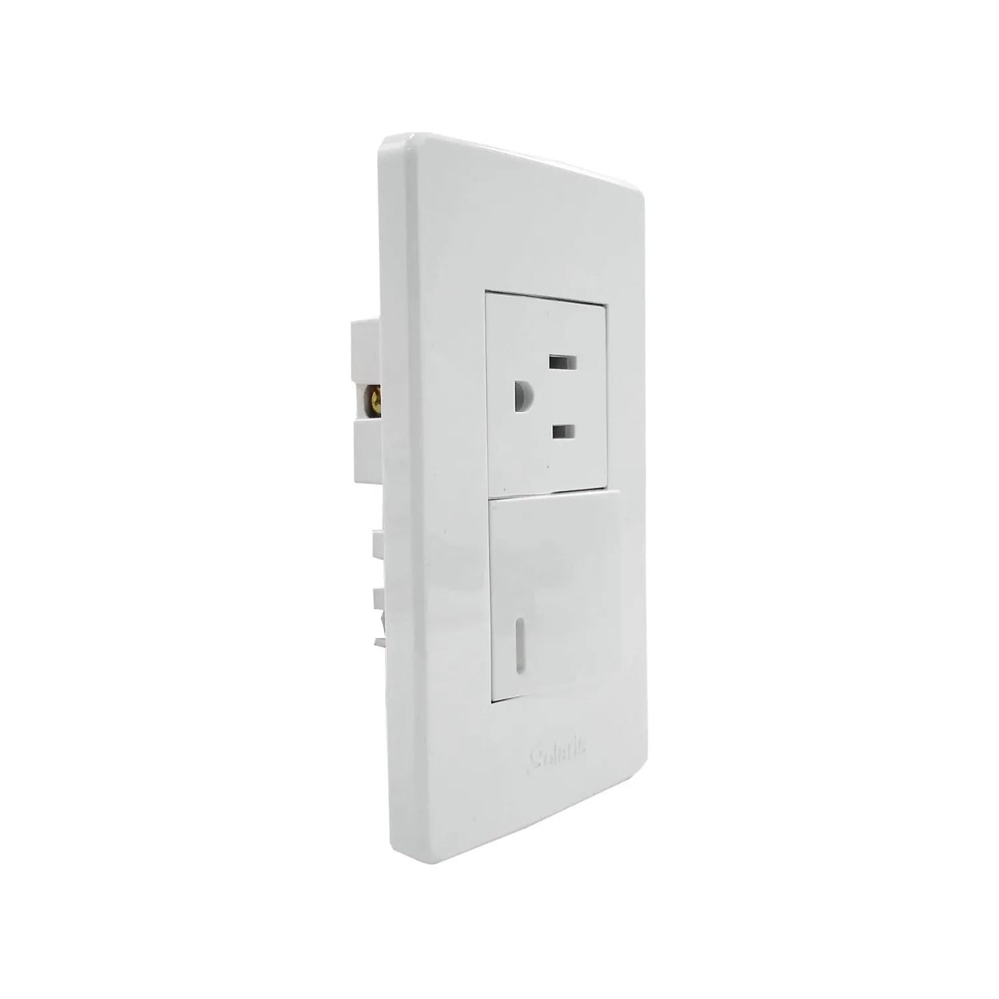 Placa eléctrica blanca Solaris con 1 apagador de luz y 1 contacto polarizado de pared