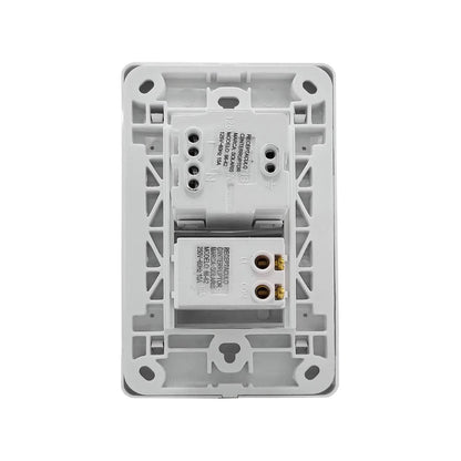 Placa blanca Solaris 86-62 con 1 apagador 10A y 1 contacto 15A, vista trasera para conexiones eléctricas.