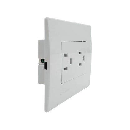 Placa eléctrica doble blanca con 2 contactos polarizados para instalación de pared