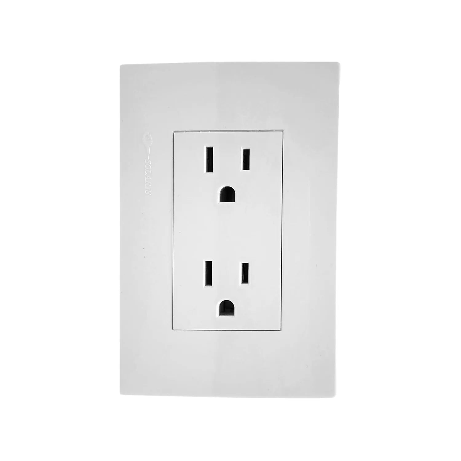 Placa blanca Solaris con doble tomacorriente polarizado. Receptáculo eléctrico de pared para hogar.