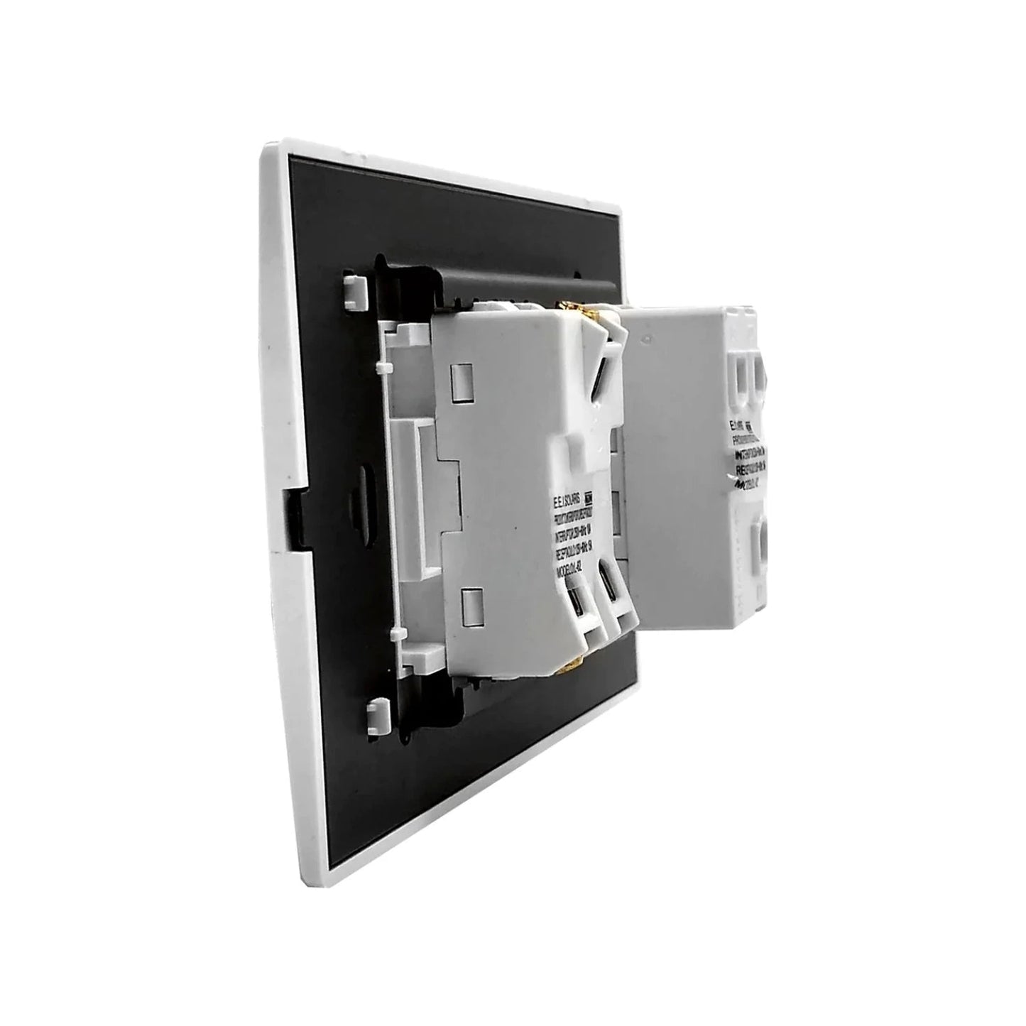 Placa de pared eléctrica blanca con dos módulos insertados, ideal para interruptor y contacto, accesorios de ferretería.