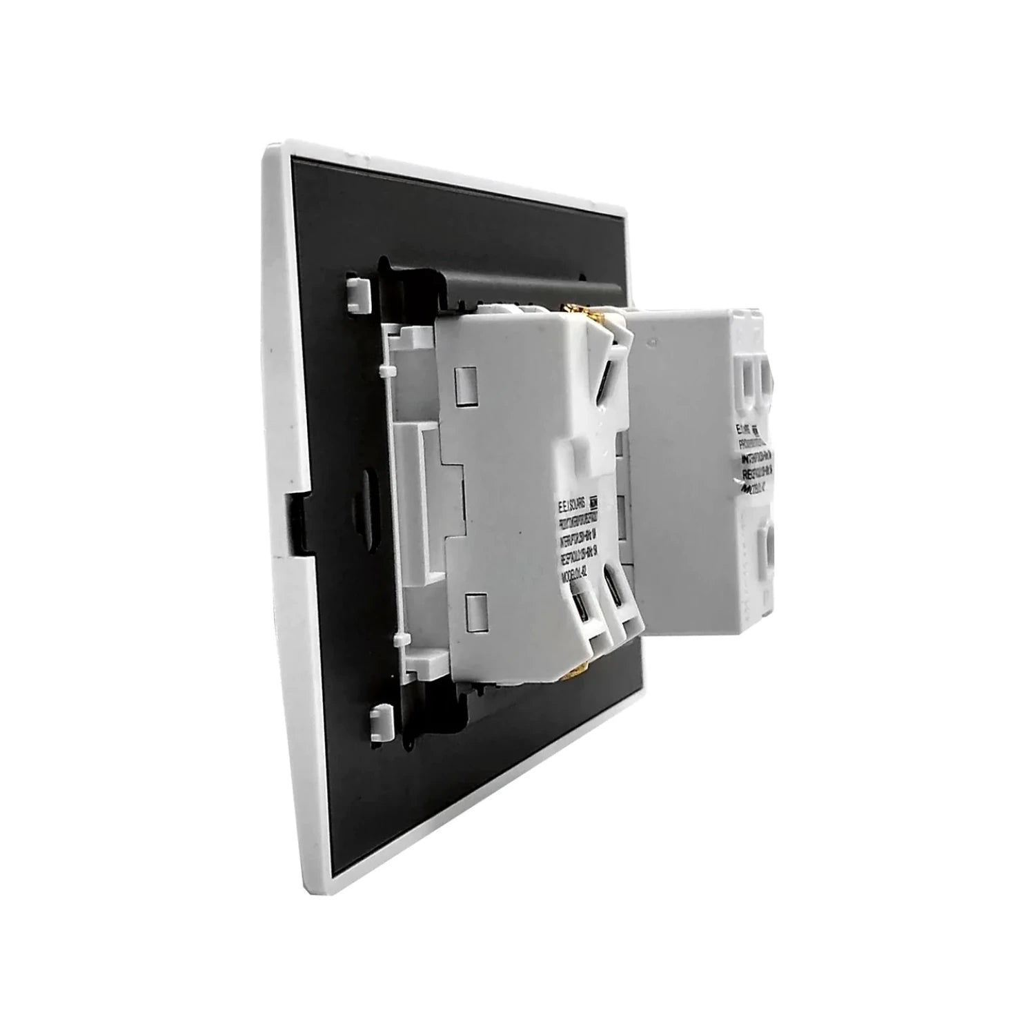 Placa de pared eléctrica blanca con dos módulos insertados, ideal para interruptor y contacto, accesorios de ferretería.