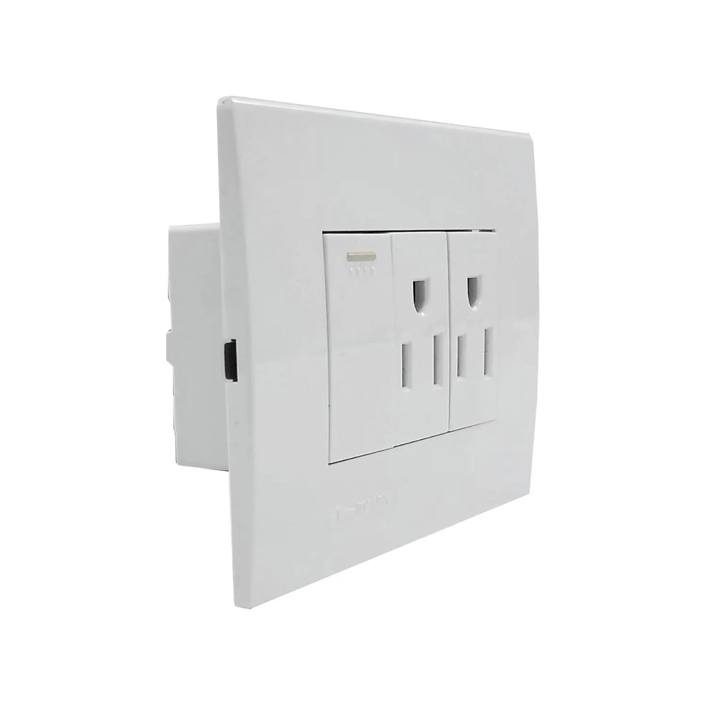 Placa eléctrica blanca de pared con 1 apagador push y 2 contactos polarizados
