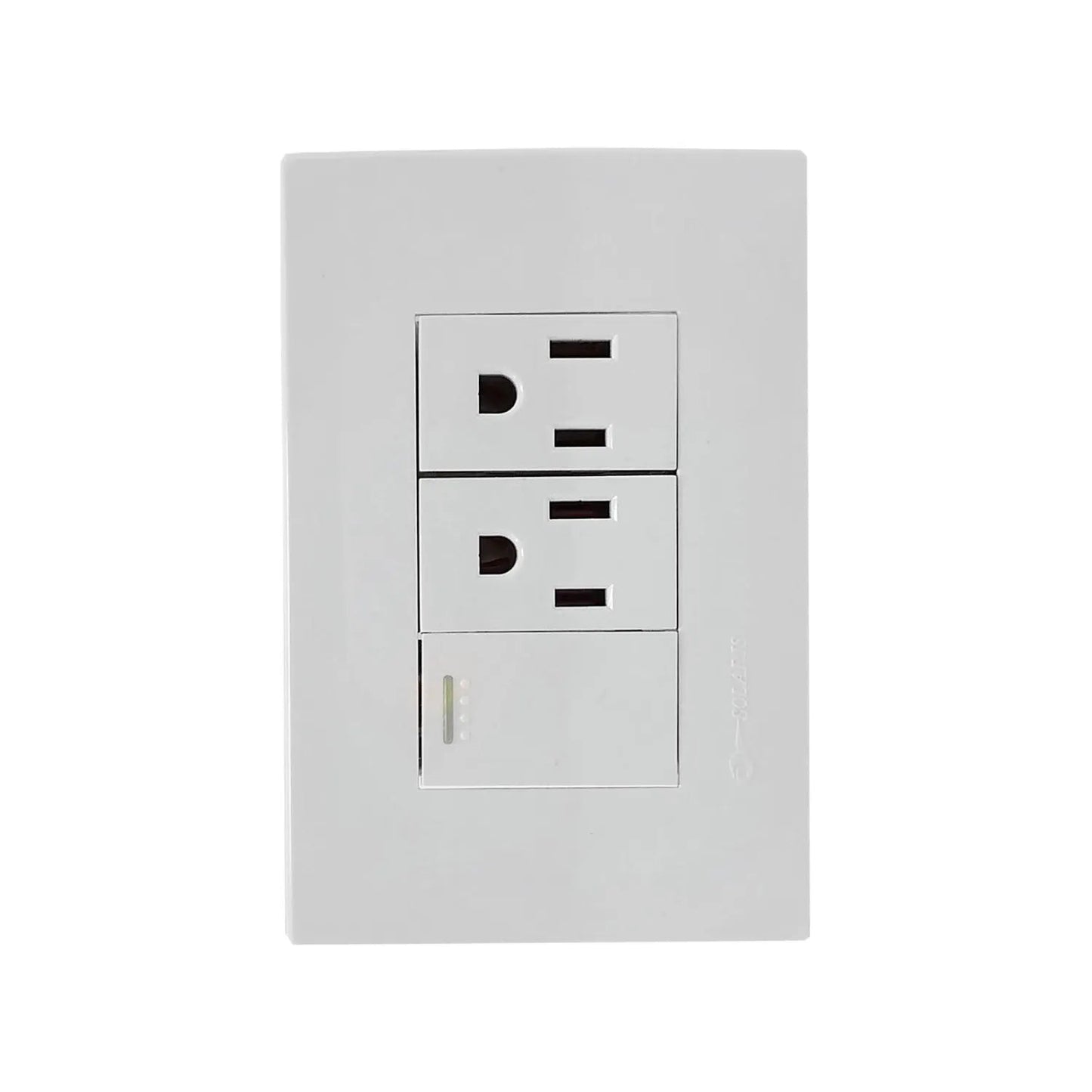 Placa eléctrica blanca Solaris con 2 contactos y 1 apagador push escalera con indicadores LED
