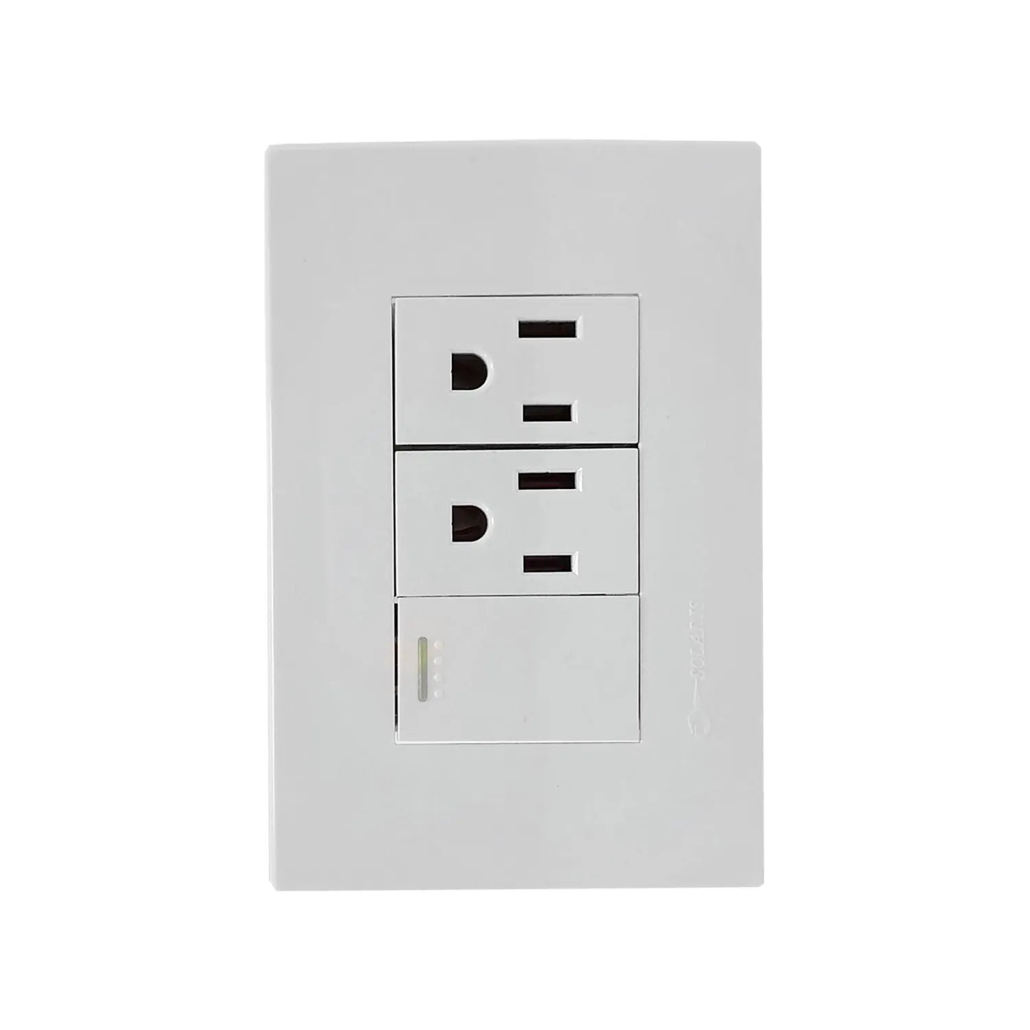 Placa eléctrica blanca Solaris con 2 contactos y 1 apagador push escalera con indicadores LED