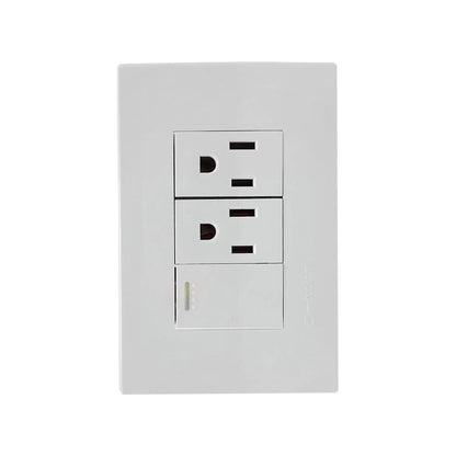 Placa eléctrica blanca Solaris con 2 contactos y 1 apagador push escalera con indicadores LED