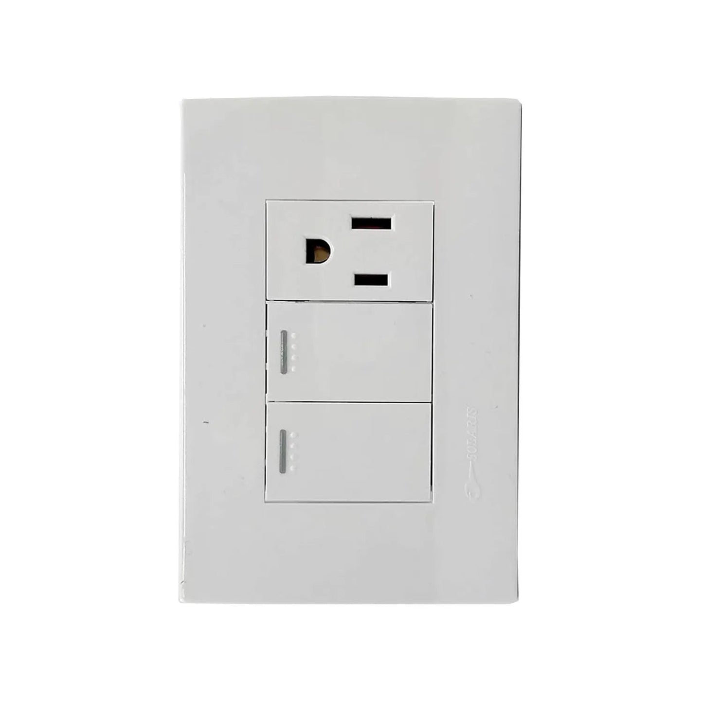 Placa de pared blanca Solaris con un contacto eléctrico polarizado y dos interruptores de luz.