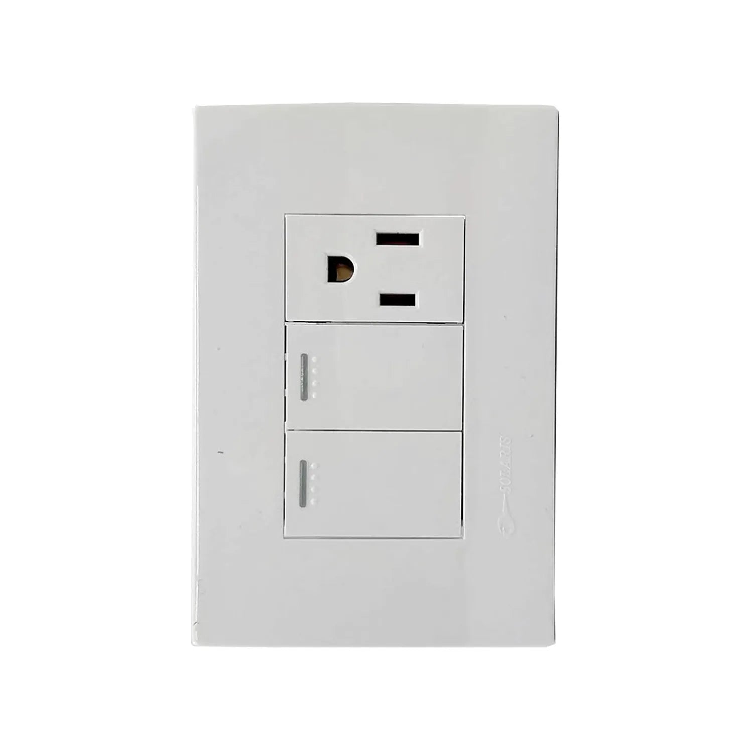 Placa de pared blanca Solaris con un contacto eléctrico polarizado y dos interruptores de luz.