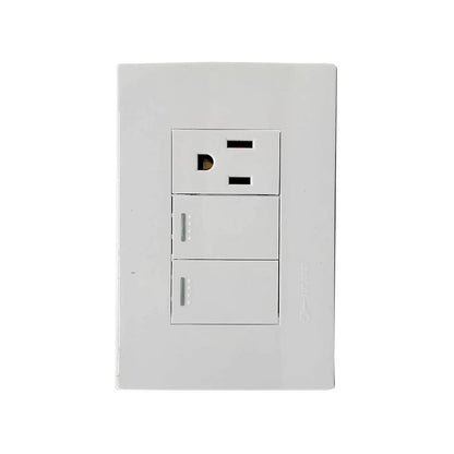 Placa de pared blanca Solaris con un contacto eléctrico polarizado y dos interruptores de luz.