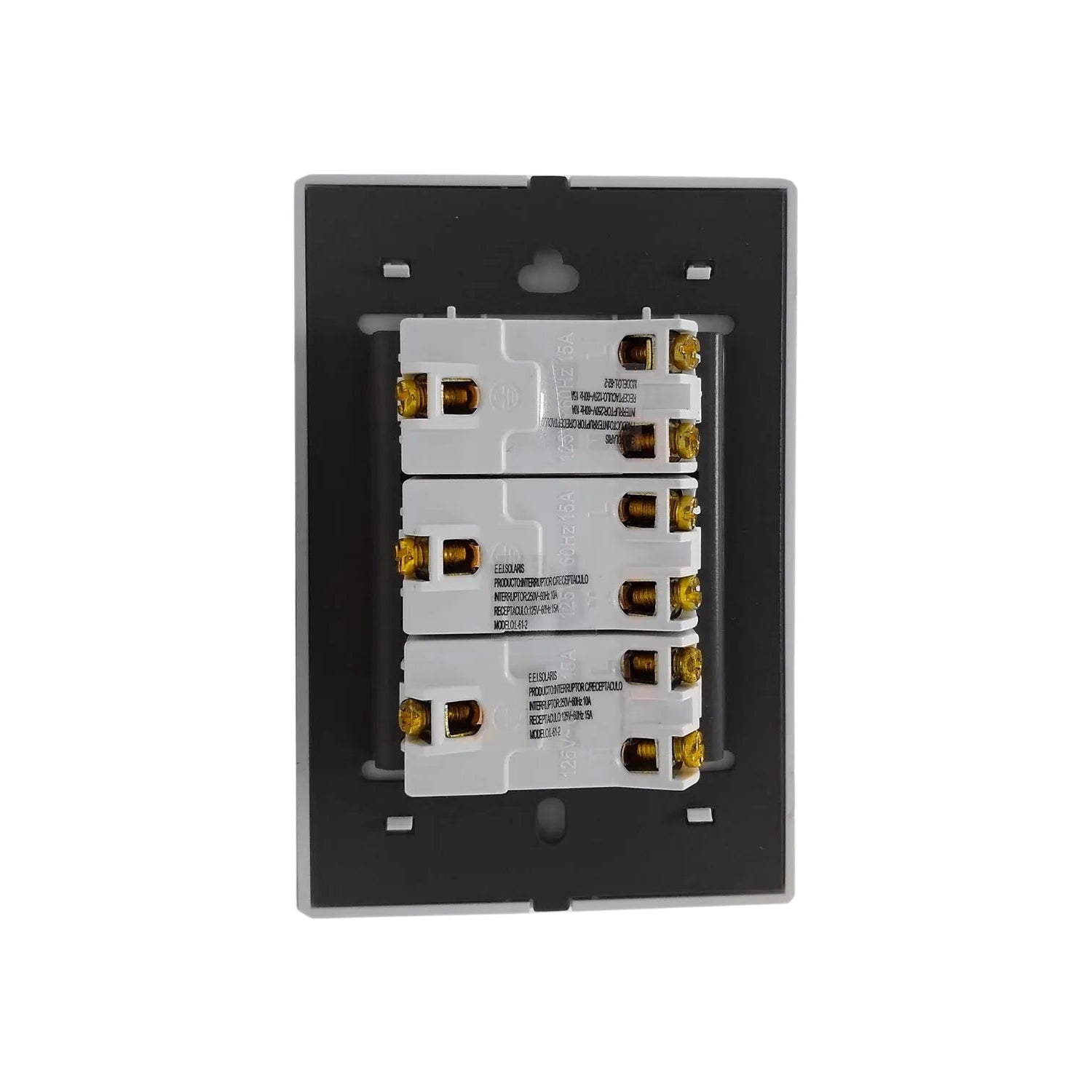 Vista trasera placa eléctrica Solaris blanca con 3 módulos de interruptores o contactos, terminales dorados.