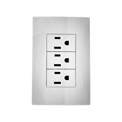Placa eléctrica blanca Solaris de 3 contactos polarizados para pared, conexión segura y resistente.