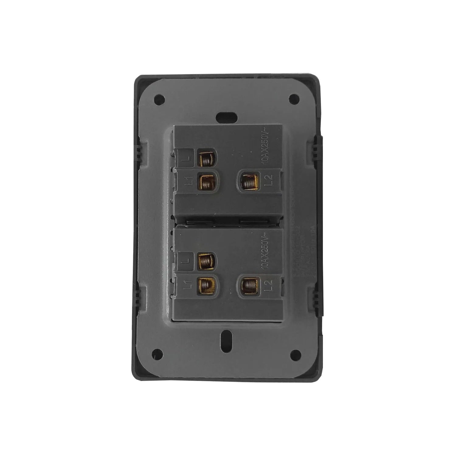 Mecanismo doble apagador de escalera 10A 250V, vista trasera con terminales L1 L2 para cableado, gris oscuro.