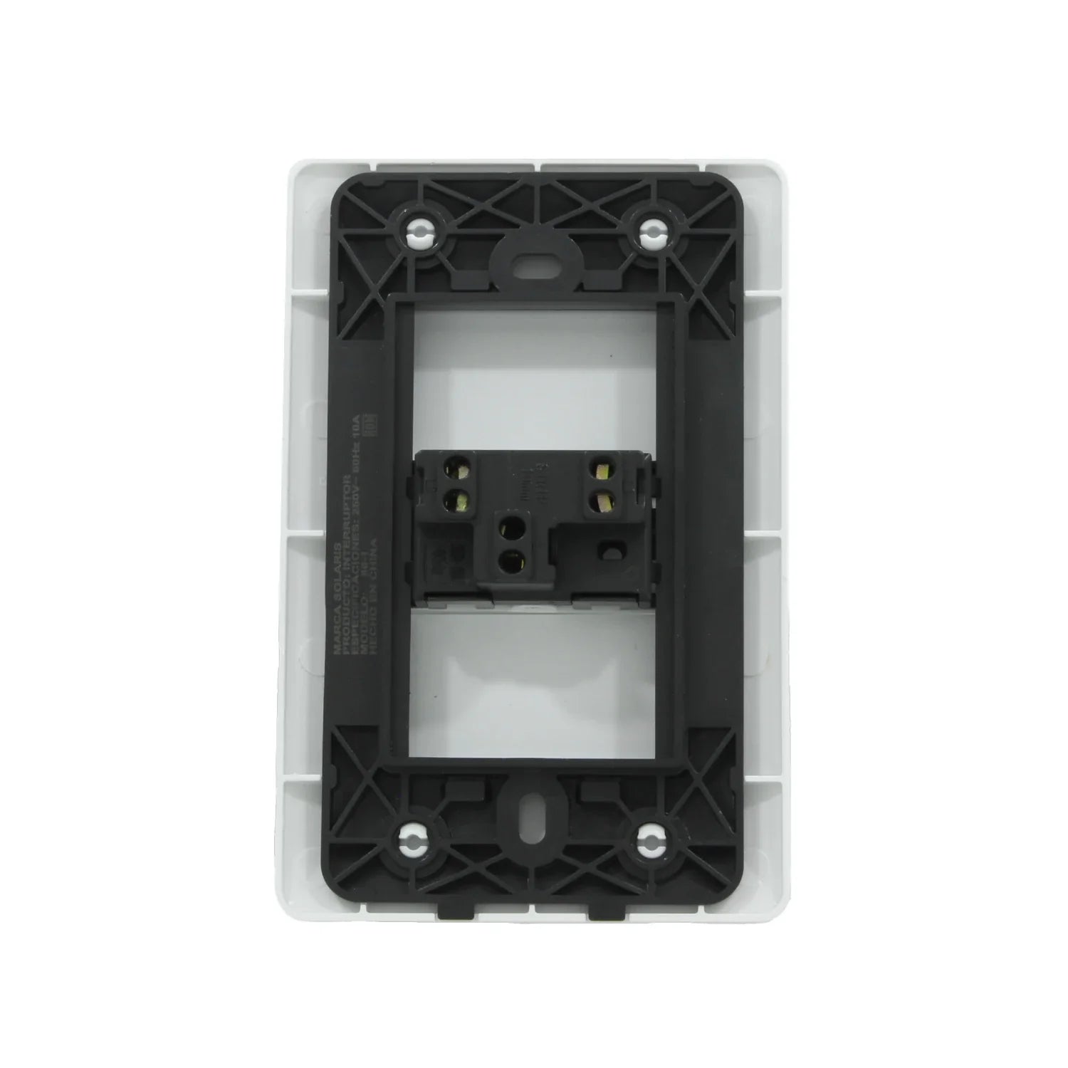 Placa blanca para interruptor de pared, vista trasera del mecanismo con terminales de conexión 250V 10A Solaris.