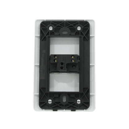 Placa blanca para interruptor de pared, vista trasera del mecanismo con terminales de conexión 250V 10A Solaris.