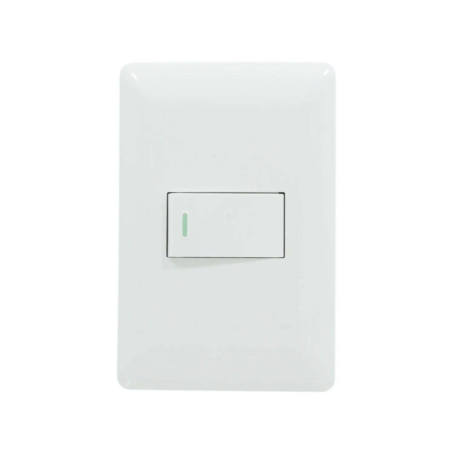 Placa blanca con 1 apagador de escalera tipo rocker, con indicador LED verde, para control de iluminación.