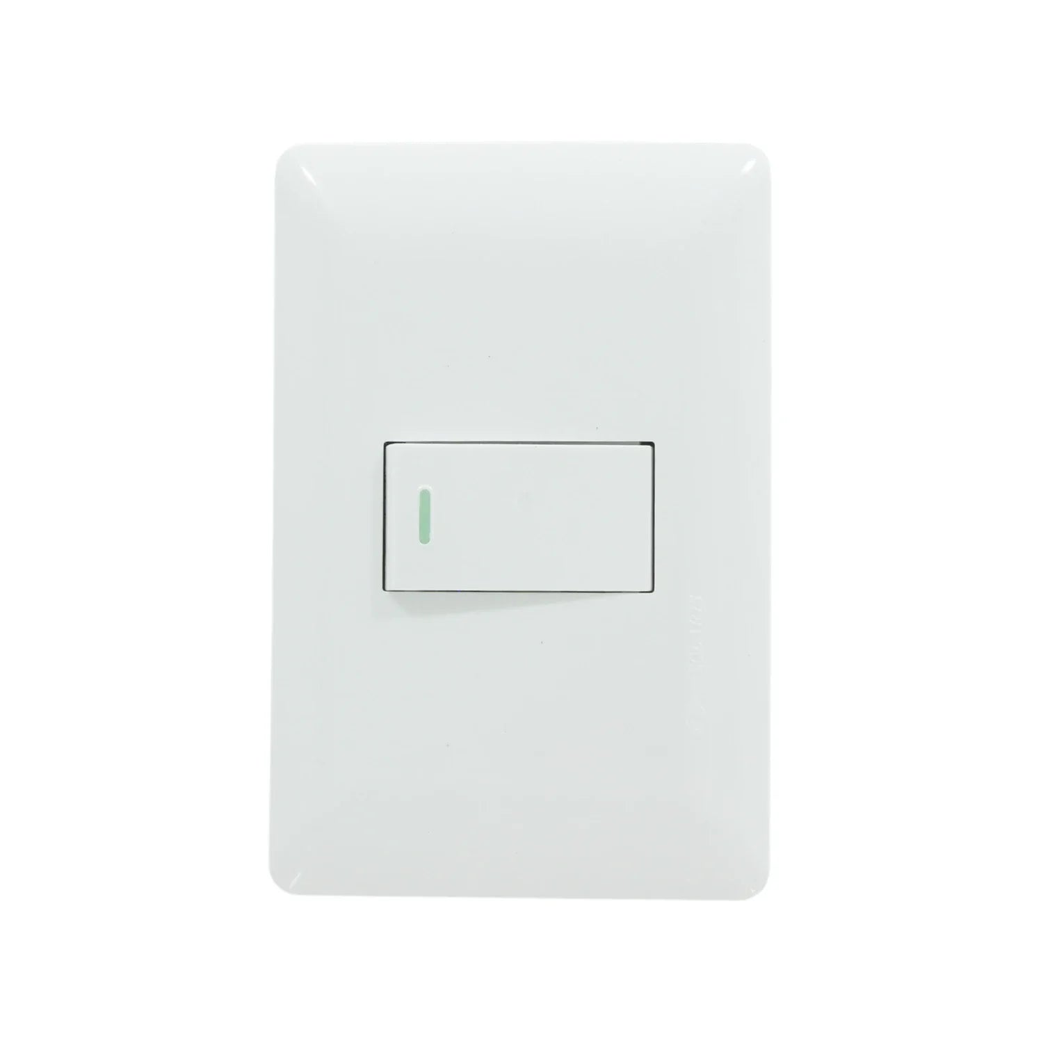 Placa blanca con 1 apagador de escalera tipo rocker, con indicador LED verde, para control de iluminación.
