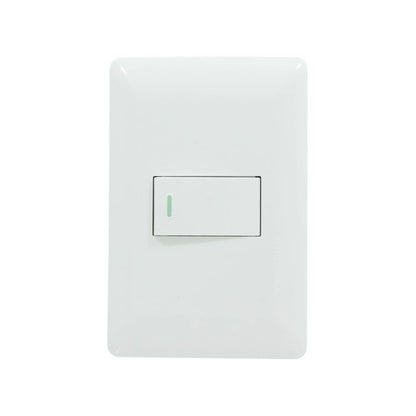 Placa blanca con 1 apagador de escalera tipo rocker, con indicador LED verde, para control de iluminación.