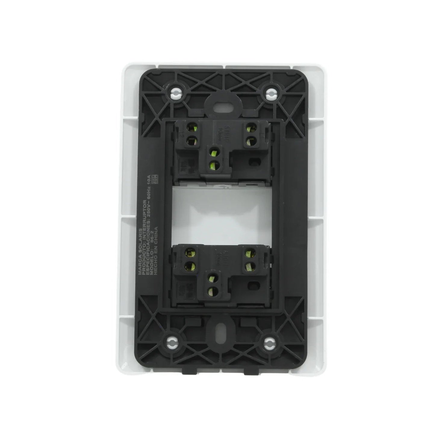 Placa de pared Solaris blanca con 2 apagadores tipo escalera, vista trasera mostrando terminales de conexión.