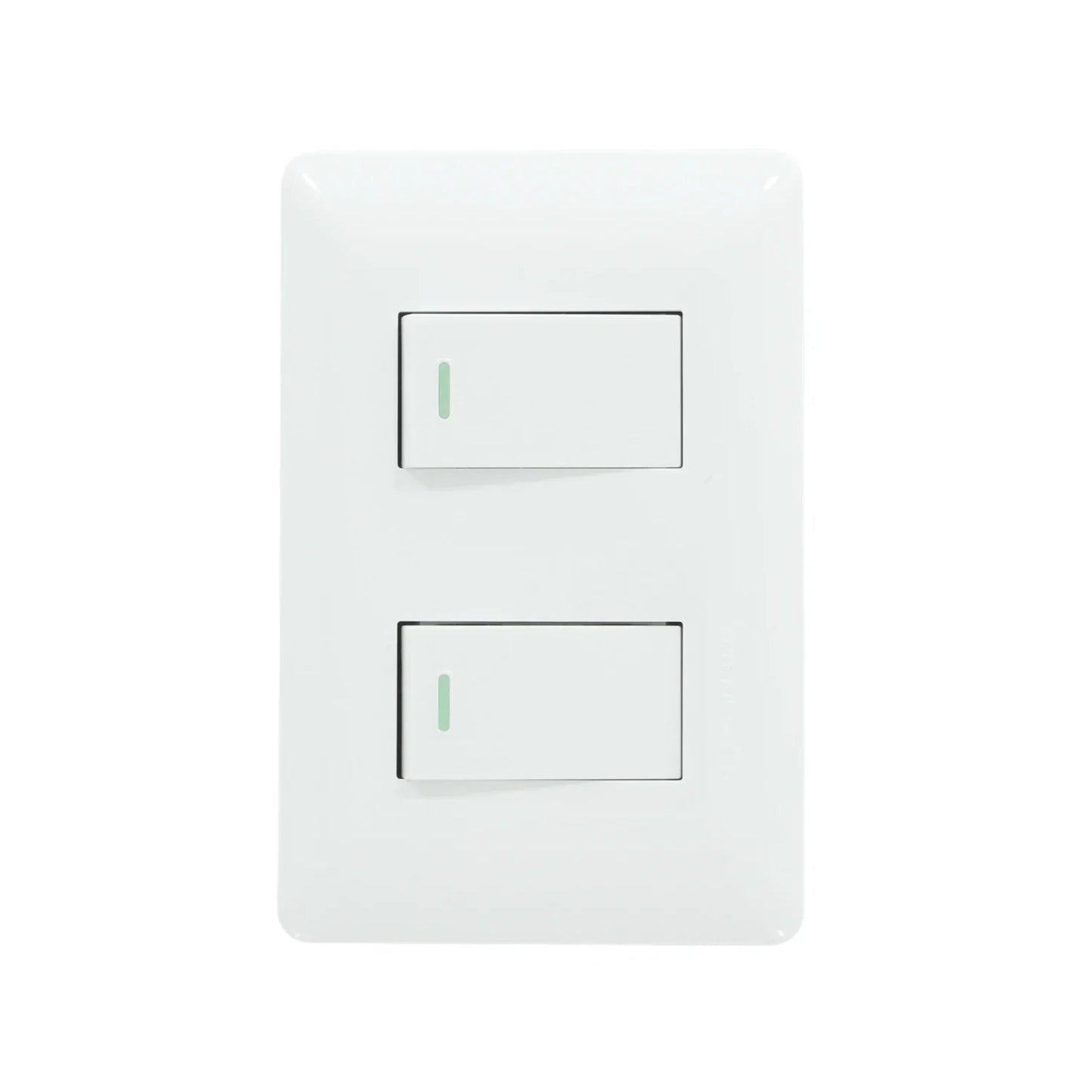 Placa blanca doble con 2 apagadores de luz tipo escalera para instalación eléctrica en pared