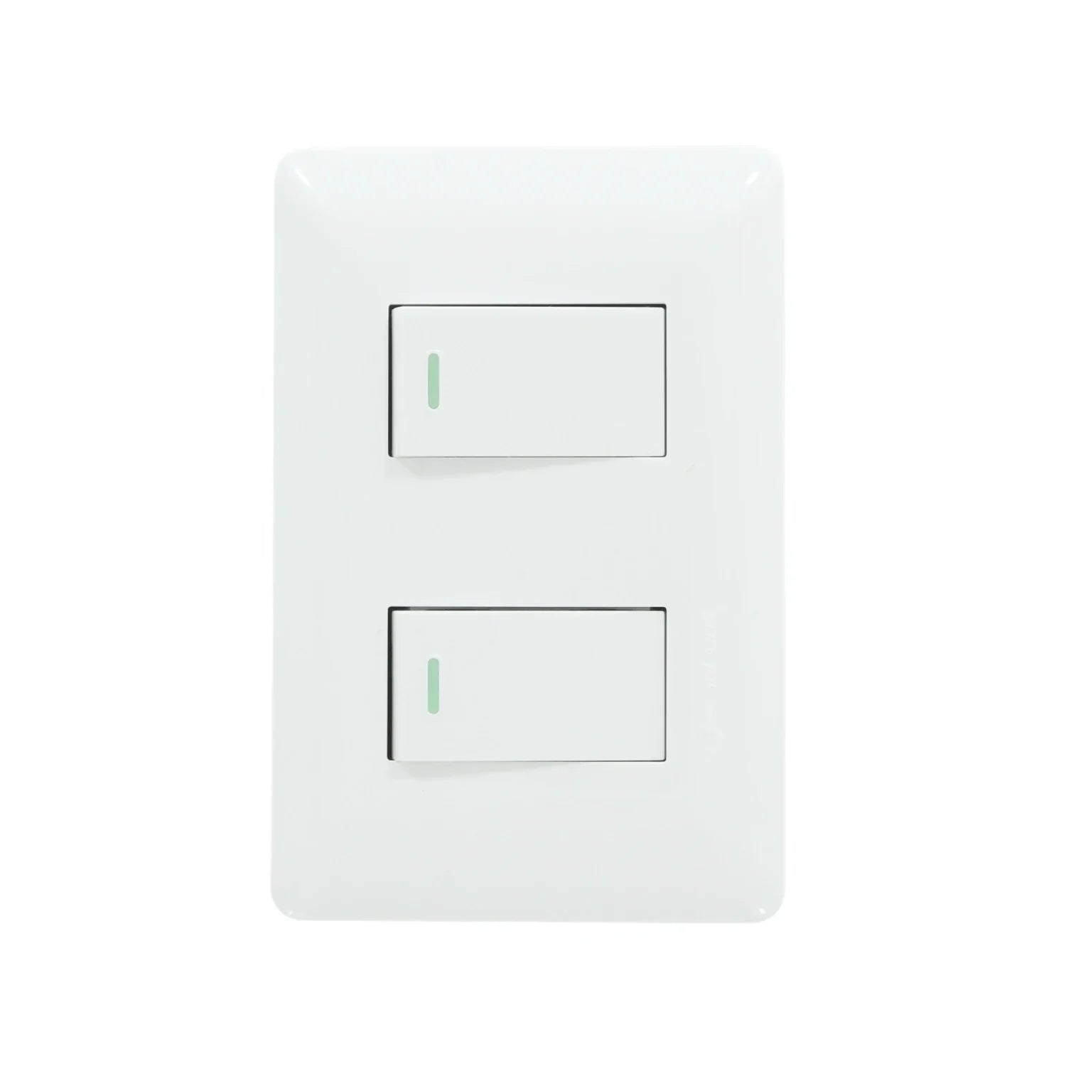 Placa blanca doble con 2 apagadores de luz tipo escalera para instalación eléctrica en pared