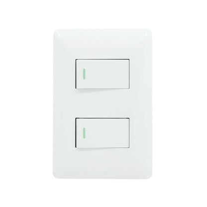 Placa blanca doble con 2 apagadores de luz tipo escalera para instalación eléctrica en pared
