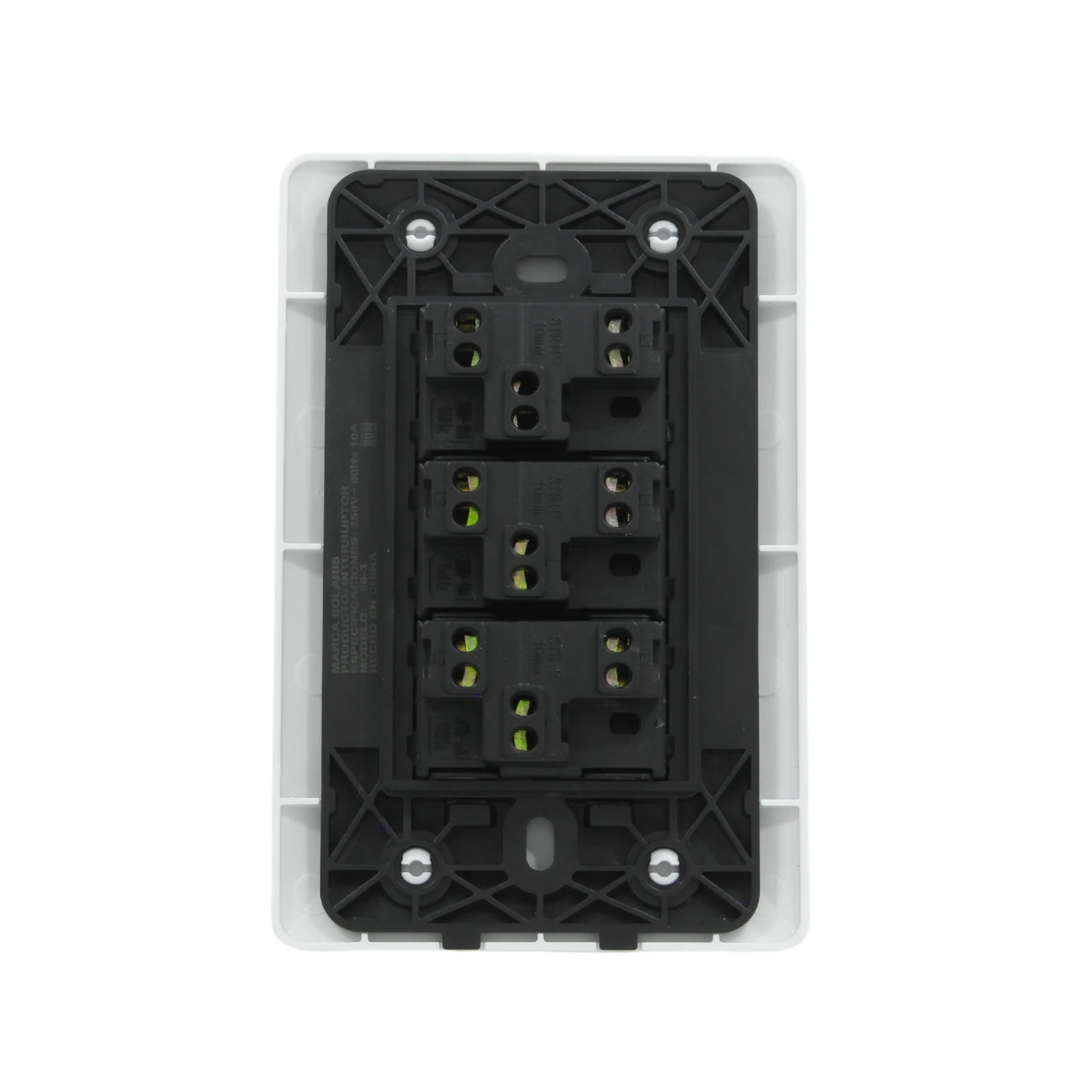 Placa blanca Solaris ECO-3 con 3 interruptores de escalera, 10A 250V, vista posterior para cableado.
