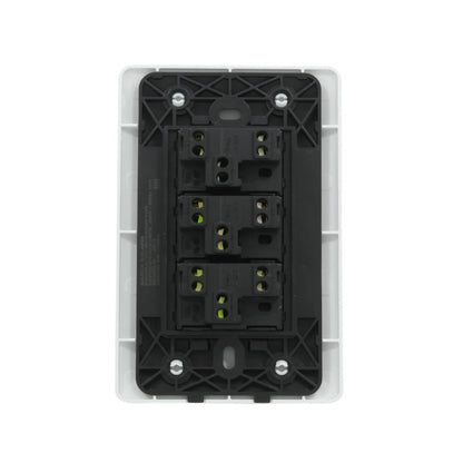 Placa blanca Solaris ECO-3 con 3 interruptores de escalera, 10A 250V, vista posterior para cableado.