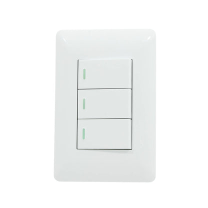 Placa blanca Solaris con 3 apagadores de escalera, cada uno con luz indicadora LED verde.