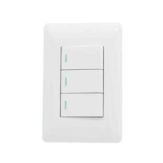 Placa blanca Solaris con 3 apagadores de escalera, cada uno con luz indicadora LED verde.