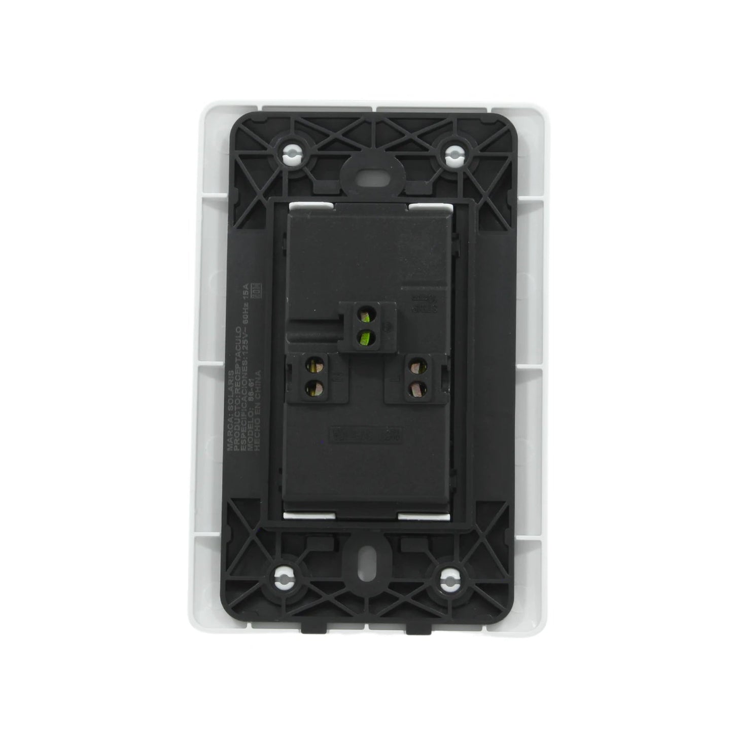 Receptáculo dúplex Solaris 88-61 blanco 15A 125V. Contacto eléctrico posterior con conexiones para instalación.