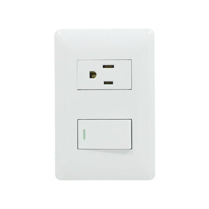 Placa eléctrica blanca Solaris con contacto aterrizado y apagador de luz tipo escalera con indicador LED