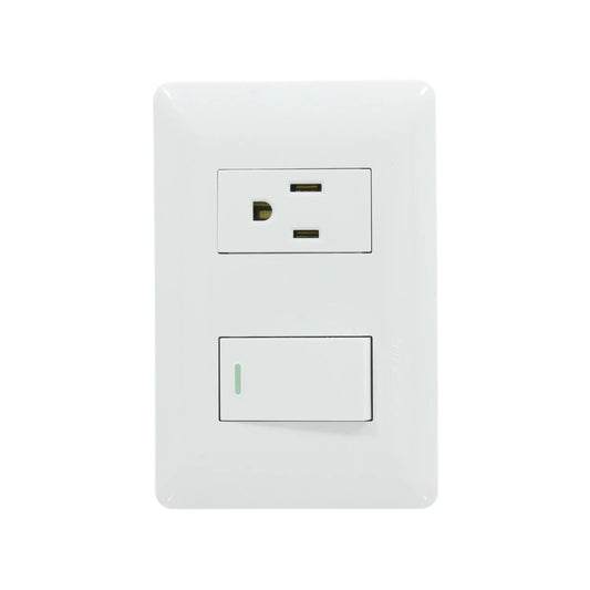 Placa eléctrica blanca Solaris con contacto aterrizado y apagador de luz tipo escalera con indicador LED