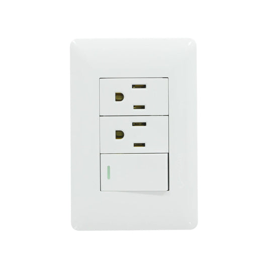 Placa eléctrica blanca Solaris con 1 apagador de luz y 2 tomacorrientes NEMA, para uso residencial.