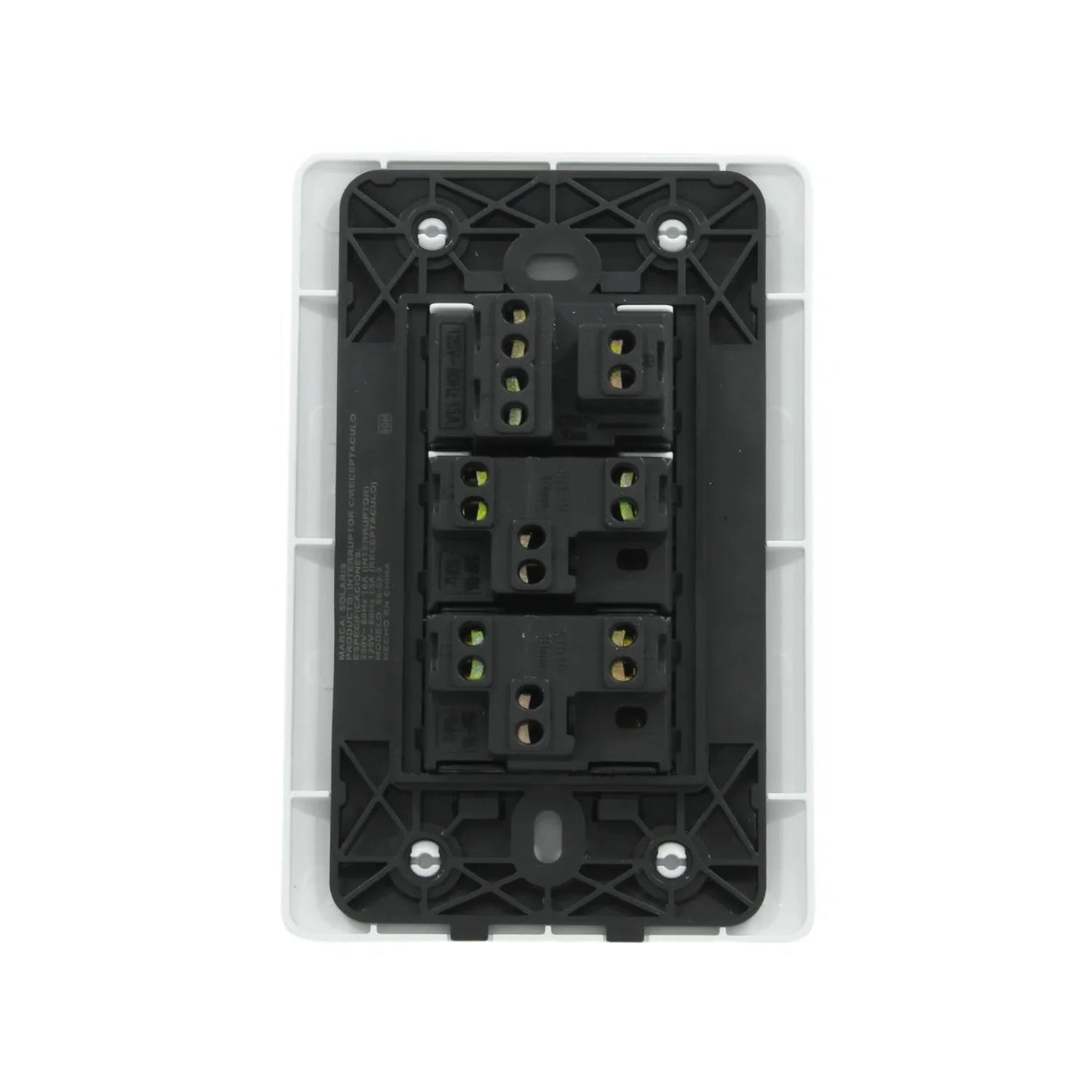 Placa blanca Solaris modelo ECO-62-2-BC con dos apagadores de escalera y un contacto eléctrico 125V 15A.