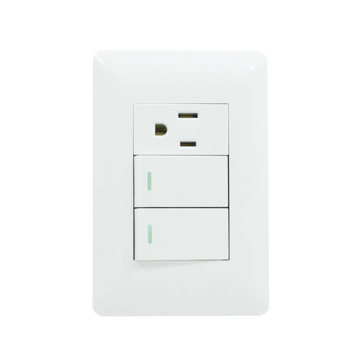 Placa eléctrica blanca con 1 contacto y 2 apagadores de escalera, ideal para instalaciones residenciales.
