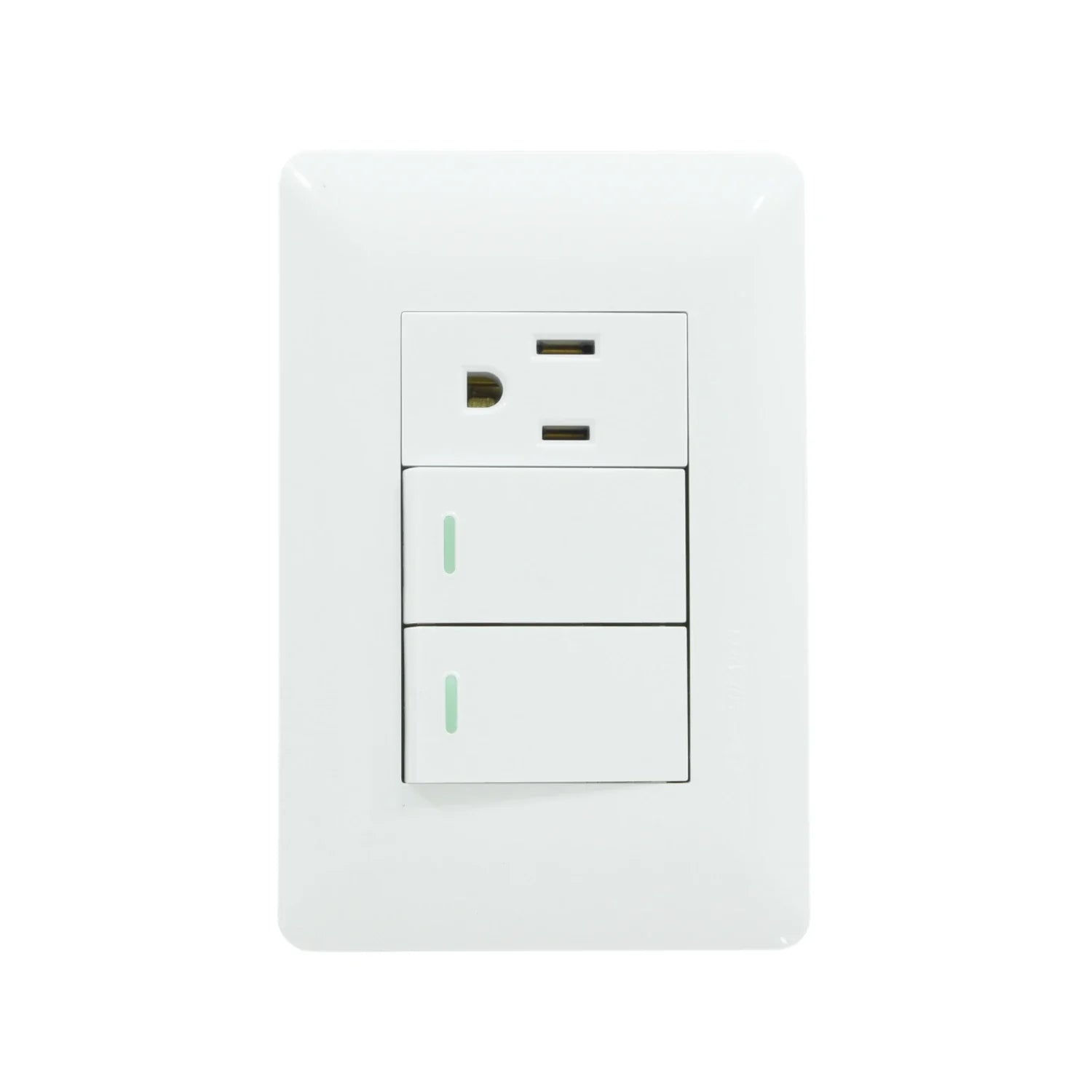 Placa eléctrica blanca con 1 contacto y 2 apagadores de escalera, ideal para instalaciones residenciales.