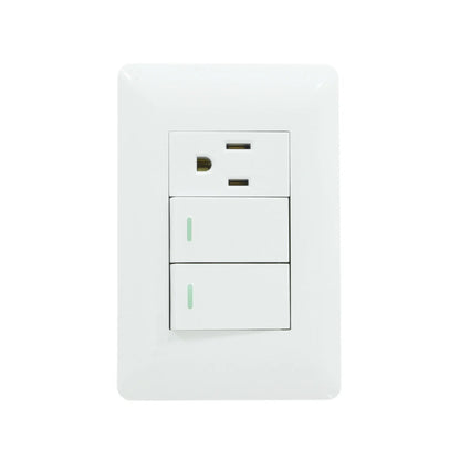 Placa eléctrica blanca con 1 contacto y 2 apagadores de escalera, ideal para instalaciones residenciales.