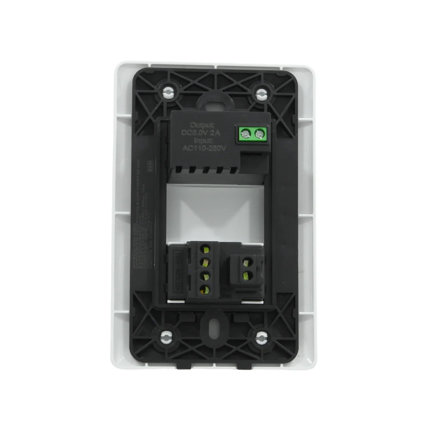 Placa de pared blanca con cargador USB, vista trasera mostrando conexiones eléctricas, entrada AC110-250V, salida DC5V 2A