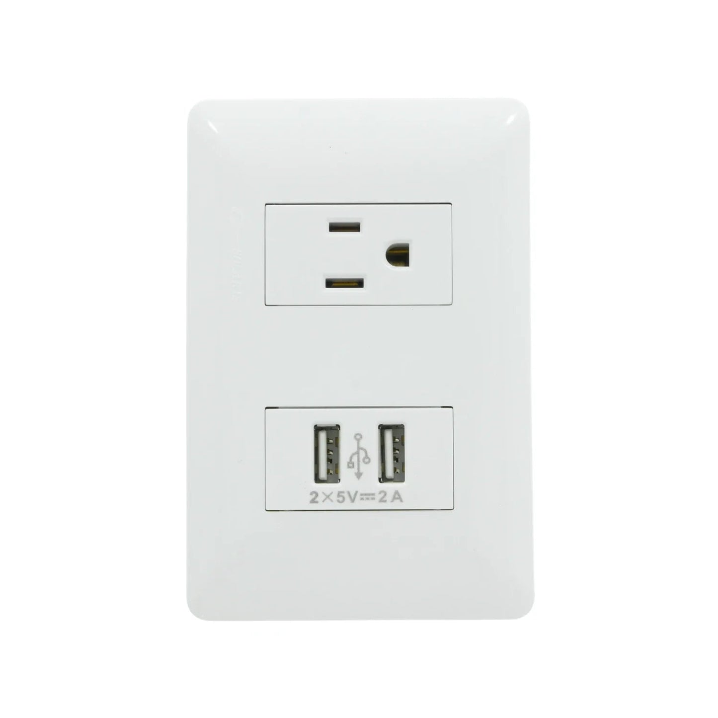 Placa de pared blanca con 1 tomacorriente aterrizado y 2 puertos USB cargador 5V 2A.