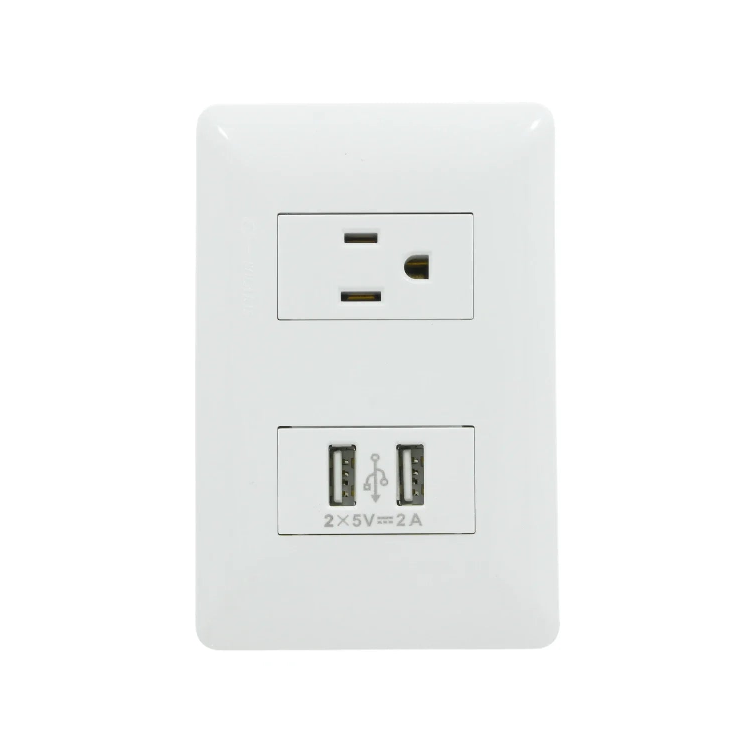Placa de pared blanca con 1 tomacorriente aterrizado y 2 puertos USB cargador 5V 2A.