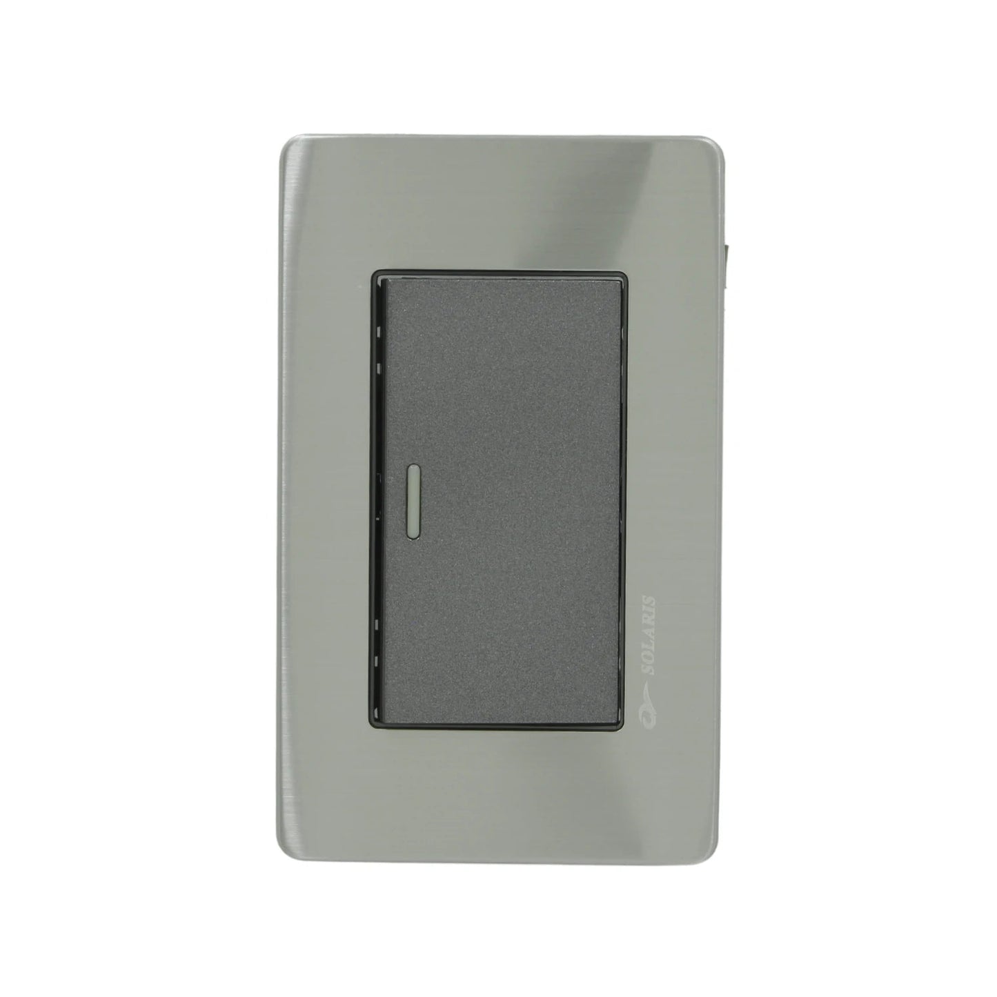 Placa de apagador simple Solaris, gris metálico cepillado, con interruptor negro.
