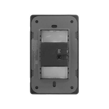 Placa botón timbre gris Solaris AL-27-GR, parte trasera con especificaciones 250V 10A