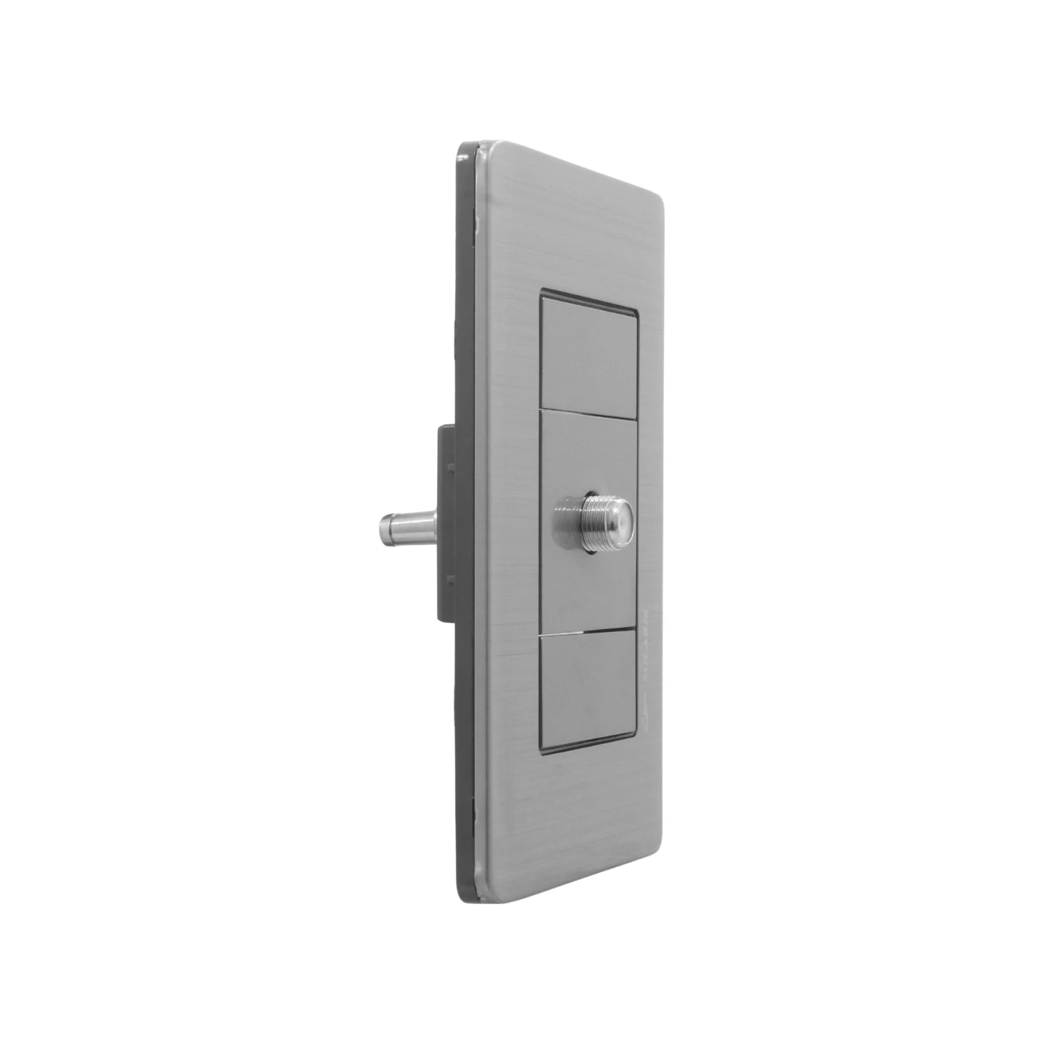 Placa de pared gris con acabado cepillado para 1 entrada de cable coaxial, conector F tipo rosca